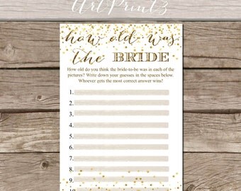 Gold Confetti Bridal Shower Games, How Old Was The Bride Printable Game, Bridal Shower Game Guess The Bride's Age Bridal Shower Fun Activity