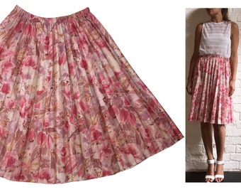 Pleated Pink Floral Knee Length Skirt