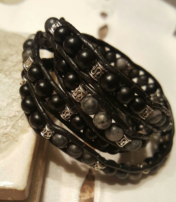 Black Beauty leather wrap bracelet by TinasSunshineBeads on Etsy