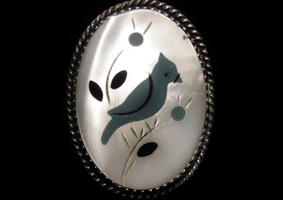 Turquoise Zuni Bird Ring Native American Mother Pearl Turquoise Black Onyx Inlay Bird Vintage Sterling Silver Artisan Hand Crafted Jewelry