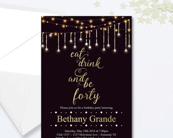 40th Birthday Invitation - Birthday Invitation - Party Invite - 40th Birthday Invite - MIlestone Party Invite - Gold Fairy Lights