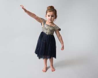 Navy Flower Girl Dress, Gold Tulle dress, Champagne Wedding, Navy tutu dress, Princess Dress, Boho Chic Rustic Dress, Winter Wedding Dress