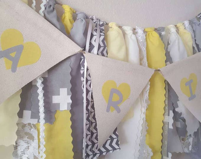 Banner Yellow and Grey with Charcoal gray Girl Boy Neutral nursery or Baby Shower Banner decoration Bunting flag name