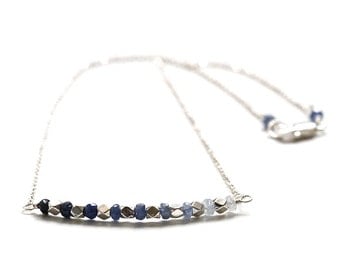 Sri Lankan Ombre Sapphire Necklace, Genuine Shaded Blue & White Sapphire, 925 Sterling Silver, Minimal Bar Pendant, September Birthstone