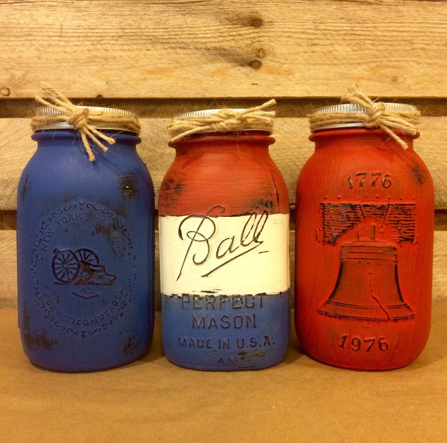 Red White Blue Vintage Mason Jar Set Liberty Bell Jar Fort