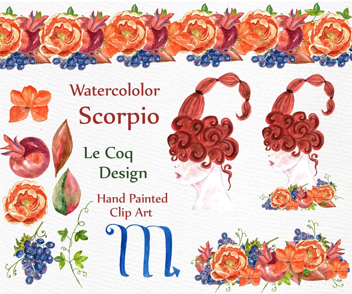 Scorpio Zodiac Sign Watercolor Flowers Floral By Lecoqdesign