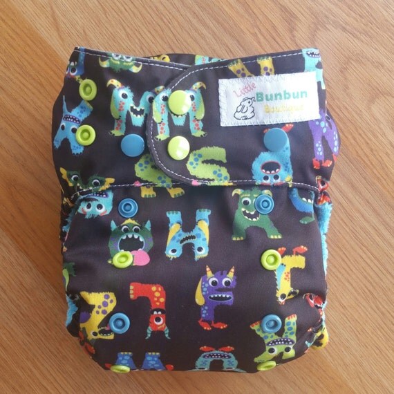 Alphabet Monsters cloth diaper SECONDS 20 by LittleBunbunBoutique