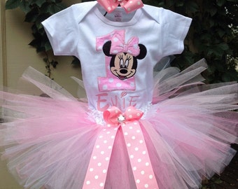 Pink Minnie Mouse Birthday Outfit Onesie Tutu FREE Hair Bow Personalized