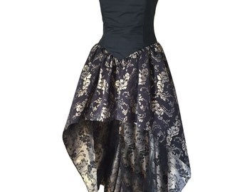 Vintage Black Gold Floral Formal Prom Dress with Full Skirt and Black Bodice