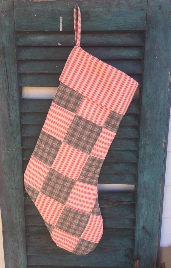 Quilted Homespun Primitive Christmas Stocking With Red Ticking