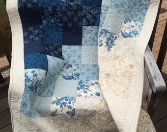 Modern Quilt- in Blue and Beige - Lap Quilt, Child Youth Quilt, Crib Quilt