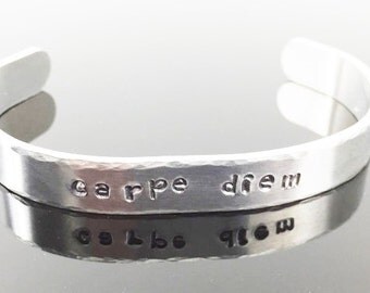 On Sale! Personalized Bracelet Hand Stamped Inspirational Quote Mantra Bracelet Skinny Narrow Silver Aluminum Bracelet Cuff