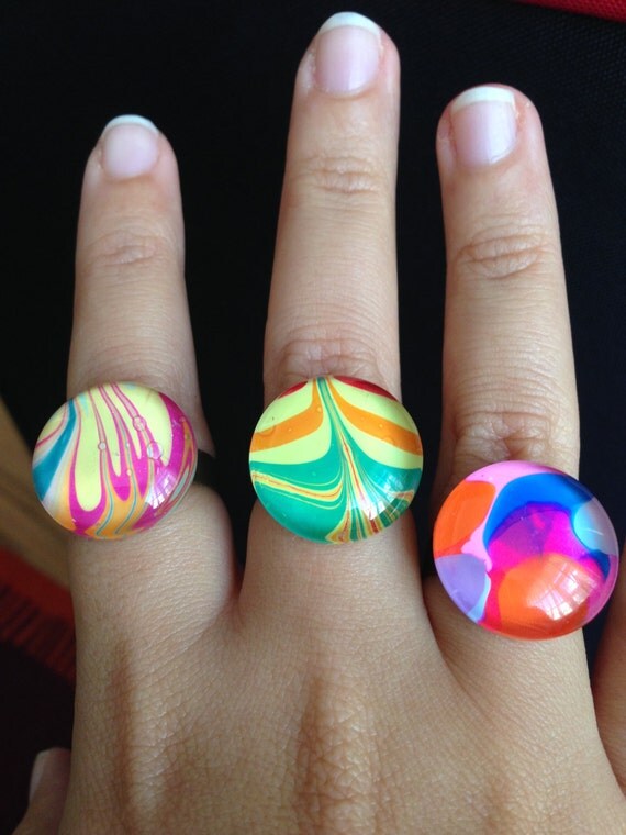 Water Marbling Nail Polish Rings. Handmade Rings. Round rings.
