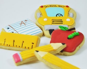 Back to School decorated sugar cookies - cute treats - perfect teacher gift - teacher appreciation - apple - school bus - school party
