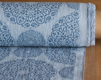 Linen fabric 205gsm Blue patterned with Mandala Pure 100 % washed and softened linen fabric medium weight and middle thickness plainly woven