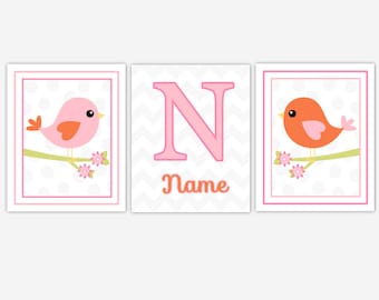 Baby Girl Nursery Canvas Wall Art Pink Orange Gray Green Birds Personalize Name Art Girl Room Toddler Baby Nursery Decor Canvas Prints Art