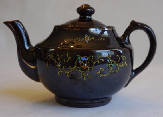 Vintage Redware Hand Painted Gilt Trim Personal Teapot