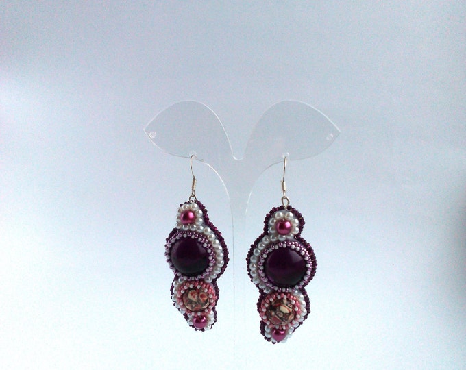 Bead earrings beaded embroidered Dangle Drop earrings Marsala lilac Pink white wedding turkvenit Fashion statement jewelry Bridesmaid event