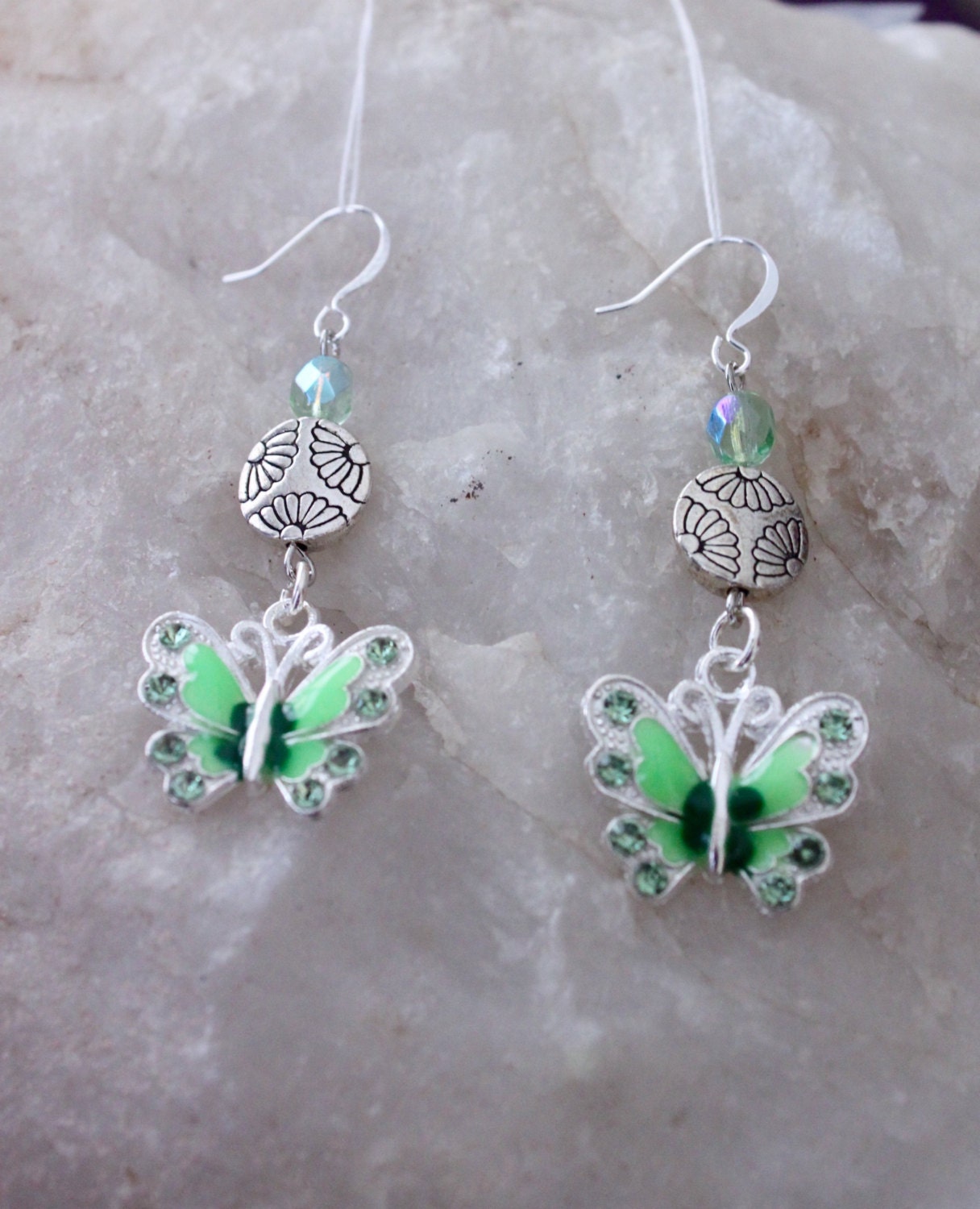 Green butterfly earrings Green enameled Silverplated