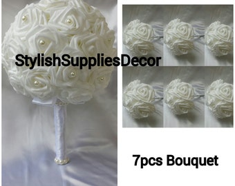 7pcs White Bridal Bouquet Set White Bridesmaids Bouquet Set White Wedding Bouquet Set White Foam Rose Bouquet Set White Bouquet Set
