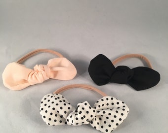 Set of 3 knot bows-baby girl bows-toddler bows-blush bow-polka dot-black bow-newborn headbands-girls bows-handmade-fabric bow