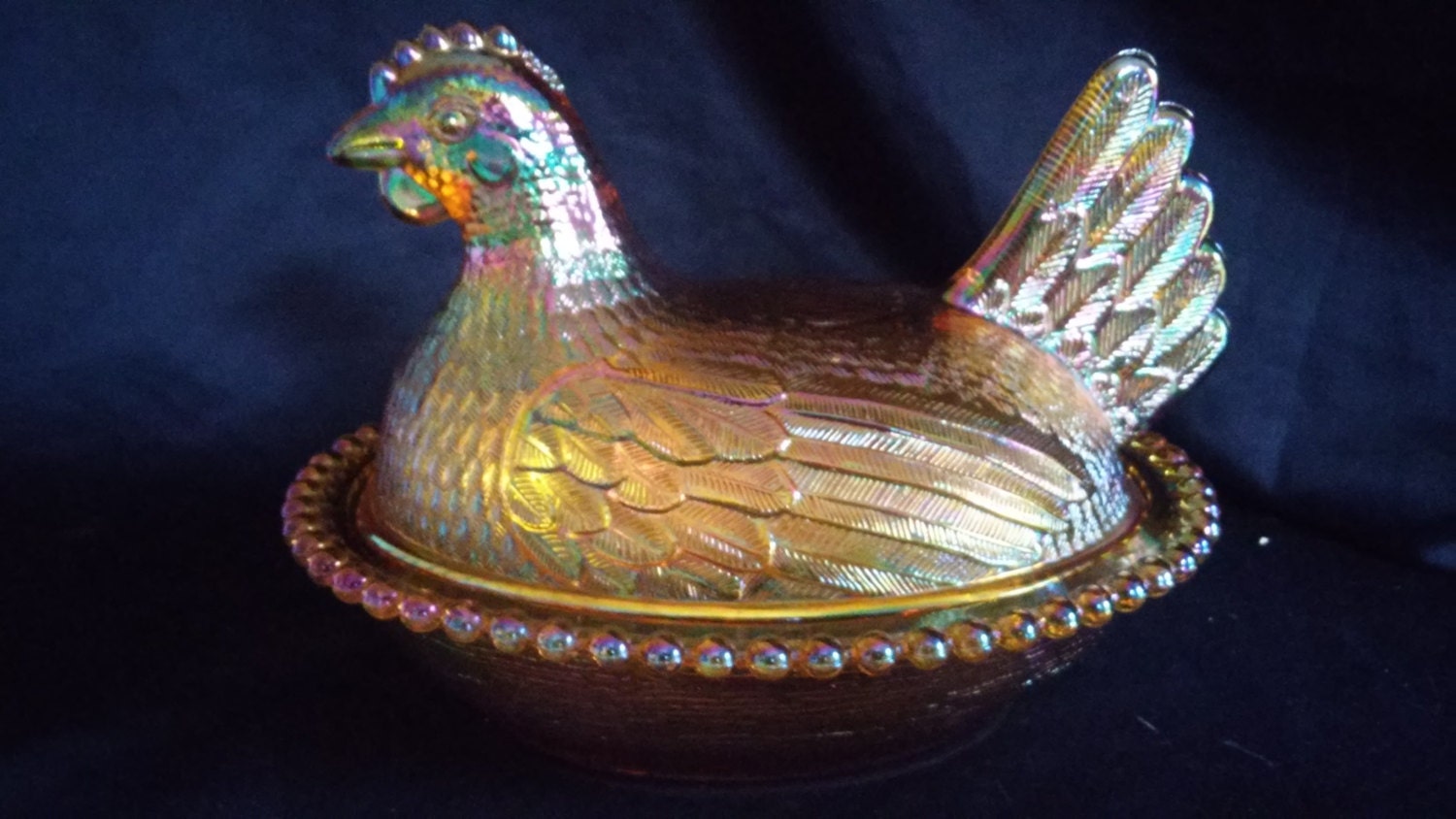 Vintage Amber Carnival Glass Hen On A Nest Nesting Hen