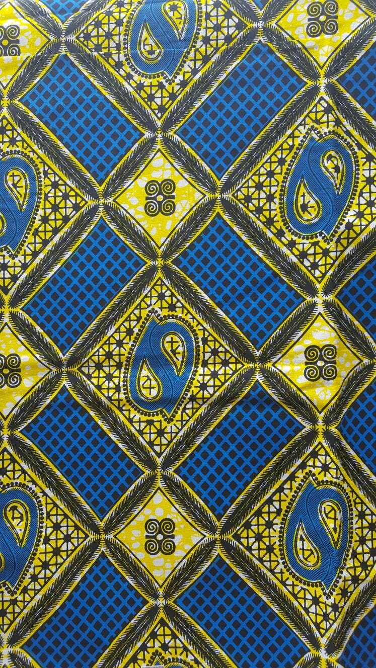 Blue and yellow African fabric for clothing or head wraps