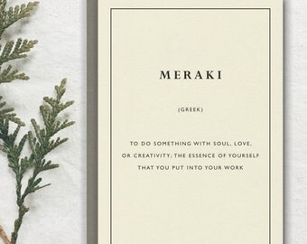 MERAKI -- Greek Untranslatable Foreign Word Card // Premium 100% Recycled Paper // Vintage Stationery, Literary Greeting Card, Postcard