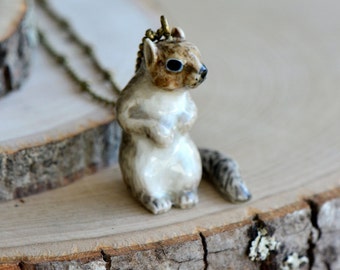 Hand Painted Porcelain Squirrel Necklace, Antique Bronze Chain, Vintage Style Chipmunk, Ceramic Animal Pendant & Chain (CA061)
