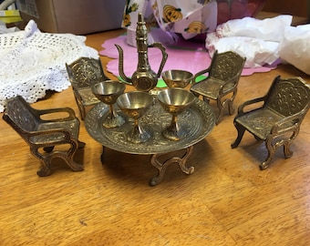 1970's vintage brass dollhouse miniature dining set