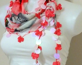 Turkish Oya scarf Chiffon flower scarf Summer oya scarf Crochet scarf Women fashion accessories Boho Gift ideas