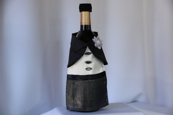 Groom Wine Bottle Cover Black Tuxedo with Gray Pinstripe