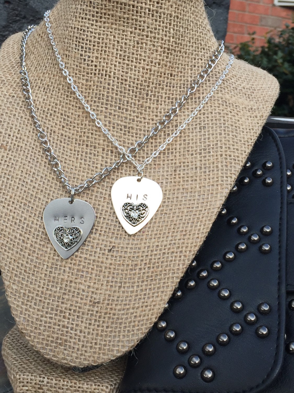 HIS/HERS Stamped Guitar Pick Necklaces pair by CustomCreationsKLJ
