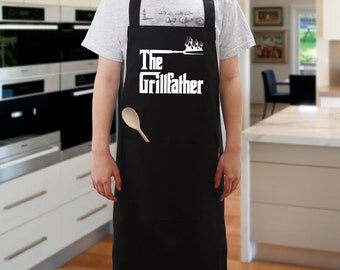The Grillfather BBQ Apron, Cooking Apron, Novelty Apron, For Dads, Fathers day. Black Apron with Pocket for Barbecue Cooking