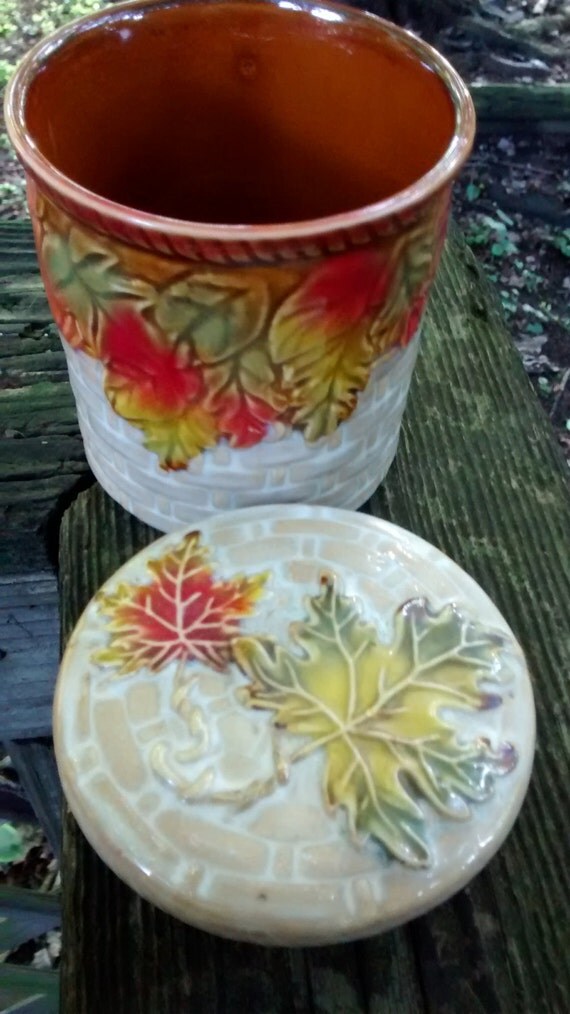 Ceramic autumn leaf pumpkin canister / fall decor pumpkin oak