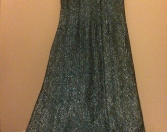 Vintage Blue Silver Brocade Mod Go Go Maxi Dress 1960s