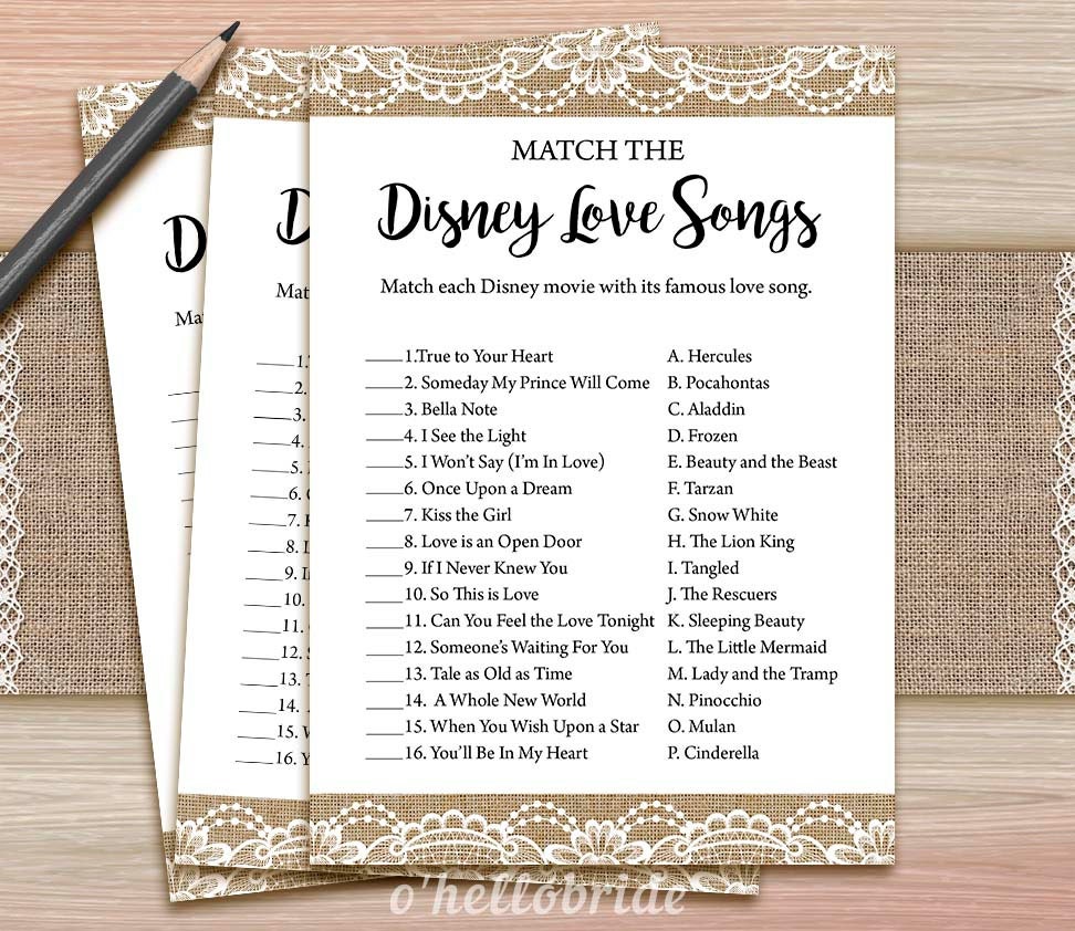 Disney Love Songs Match Game Printable Rustic Burlap Lace