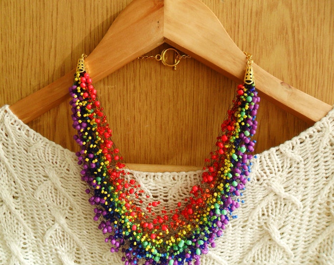 Rainbow multicolor necklace crochet airy colorful seed bead casual everyday bride cobweb gift for her unusual gift idea statement gay symbol