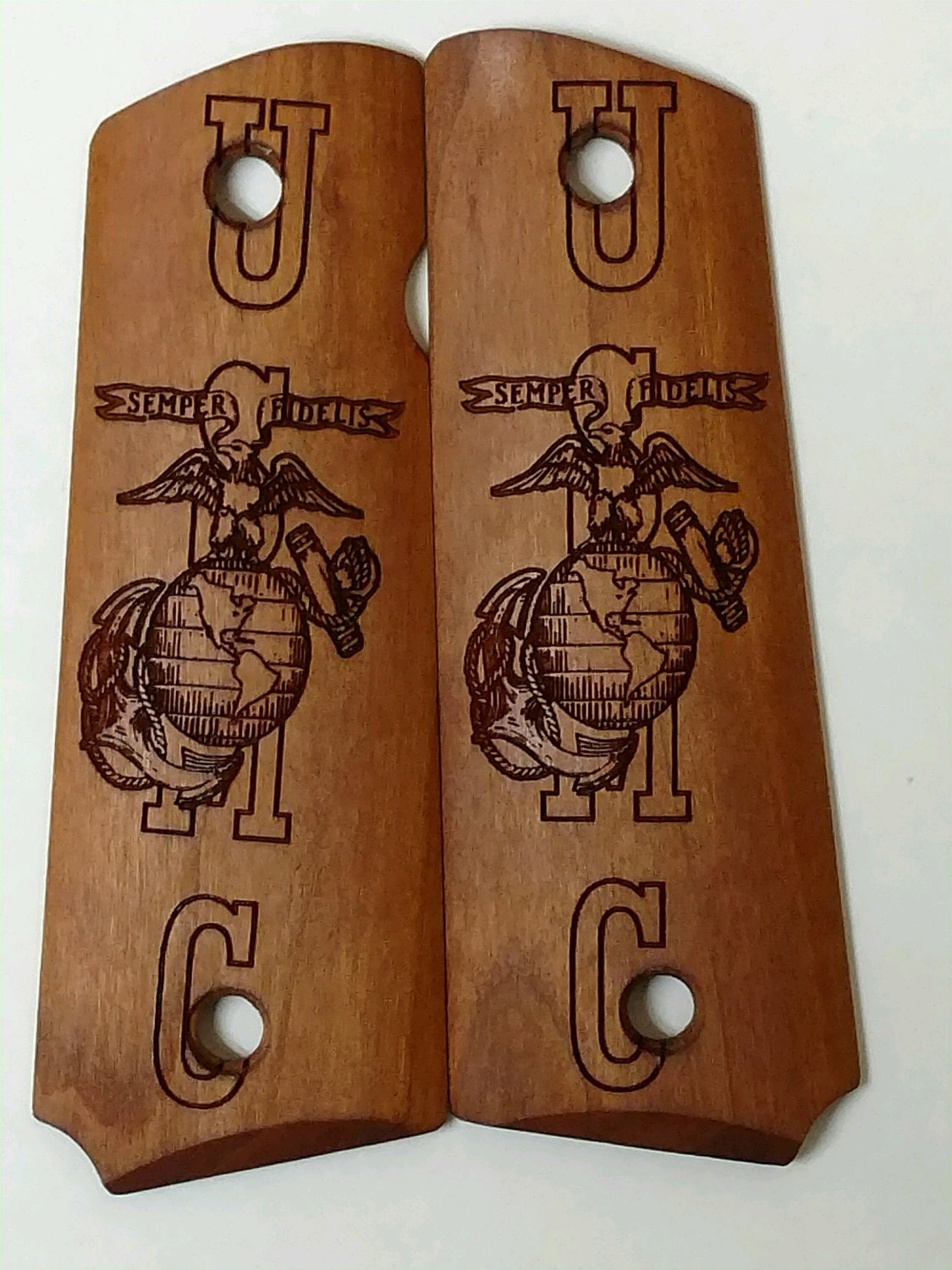 Colt 1911 USMC Cherry custom laser engraved pistol grips