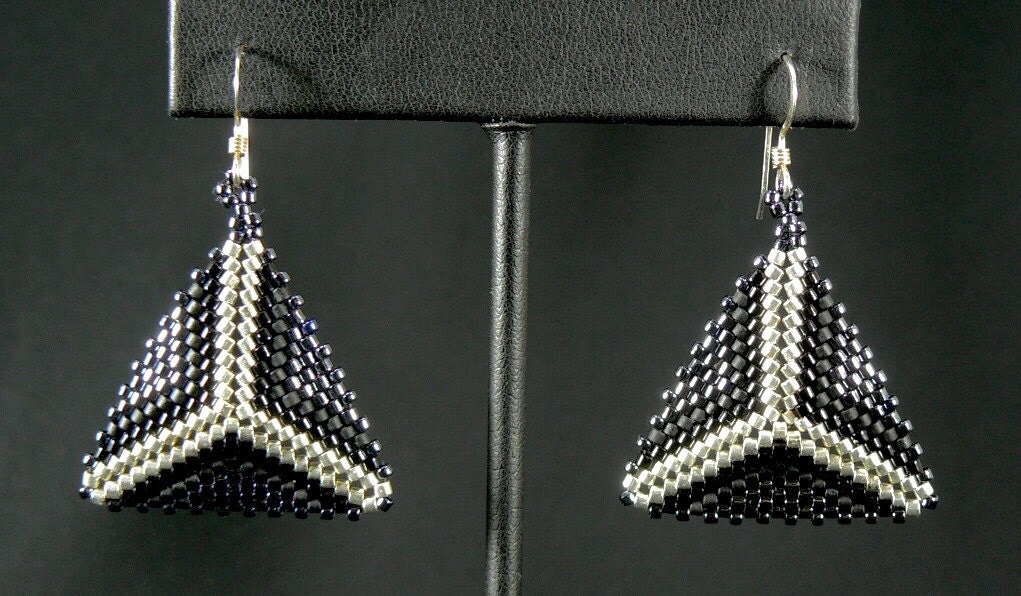 Beaded triangle earrings with silver by JamieWellesJewelry on Etsy