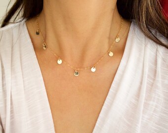 Tiny Gold Disc Necklace//Coin Drop Chokers//Multi Tags//Chokers//Charm coin Layering//Multi Disc//Mini Disc//Sterling Silver//Everyday