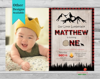Lumberjack First Birthday Invitation, Photo Invite, Boy Winter Onederland Birthday, Timber Red Buffalo Plaid, Custom Invitation A19