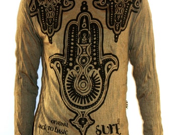 SURE, Long Sleeves T-Shirt, Hand of Fatima, Hamsa, Cotton, Olive Green, Size M, T-Shirt, Manica Lunga, Verde Oliva, Mano Fatima, Taglia M