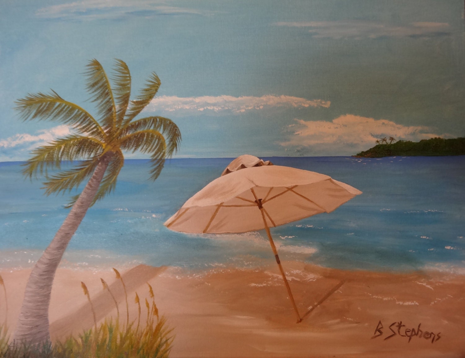 Beach umbrella Oil 16X20 flat canvas by ParadiseOilPaintings