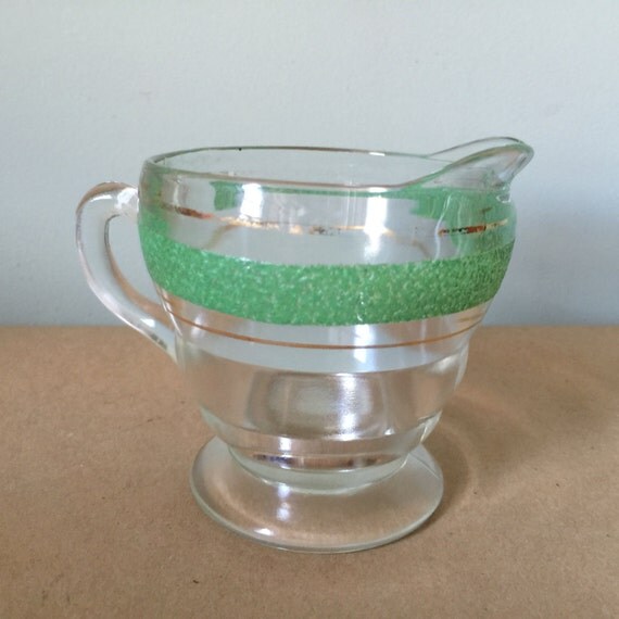 1950s Glass Creamer With Green And Gold Decor Vintage