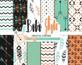 50% OFF SALE Boho Digital Paper pack, feather and arrow digital paper, Scrapbook Paper page, pattern, Printable Background, 12 JPG, 300dpi.
