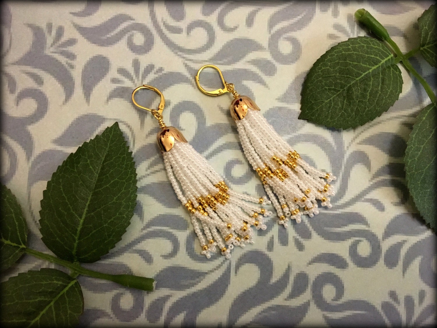 White Tassel Earrings White and gold beaded tassel earrings