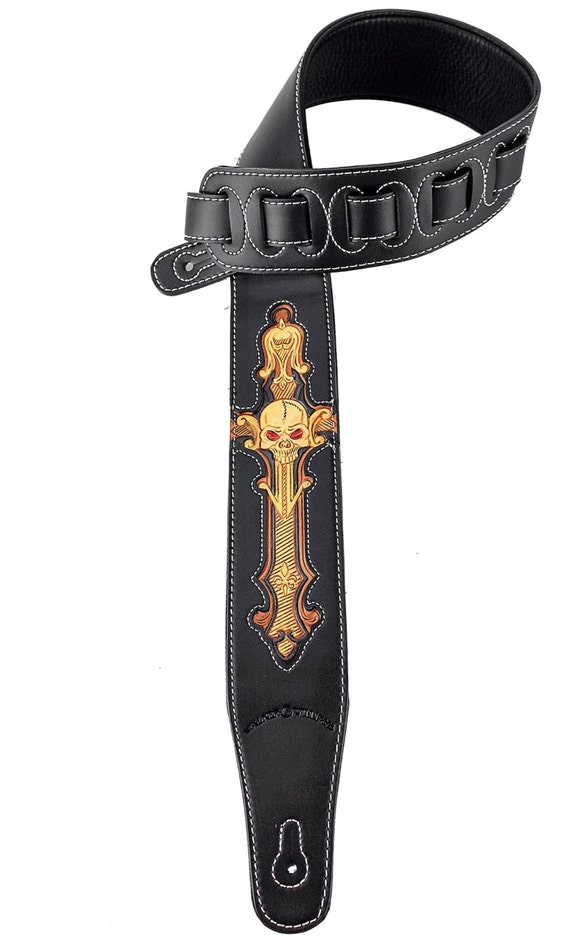 Black Leather Guitar Strap Hand Tooled Black and Gold Skull