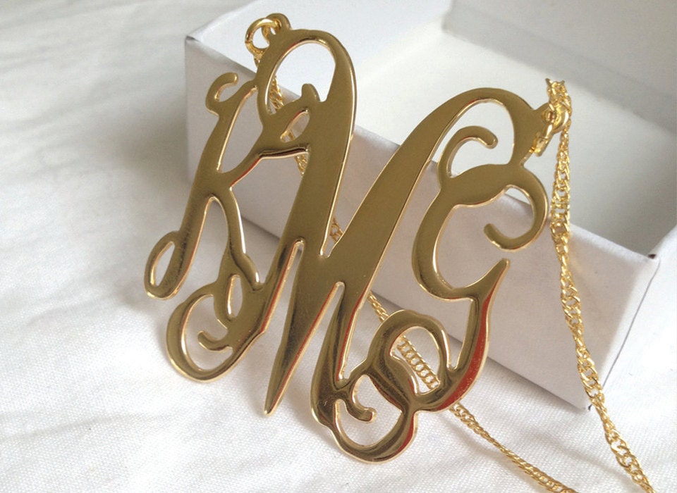 Free Shipping LARGE Monogram necklace Gold Monogram Gift