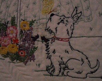 CARMEN VINTAGE GIRL Hand Embroidery Pattern by Rock Garden Creations, Scotty Dog, Old Fashioned Girl, Flower Garden & Birdbath, Birds
